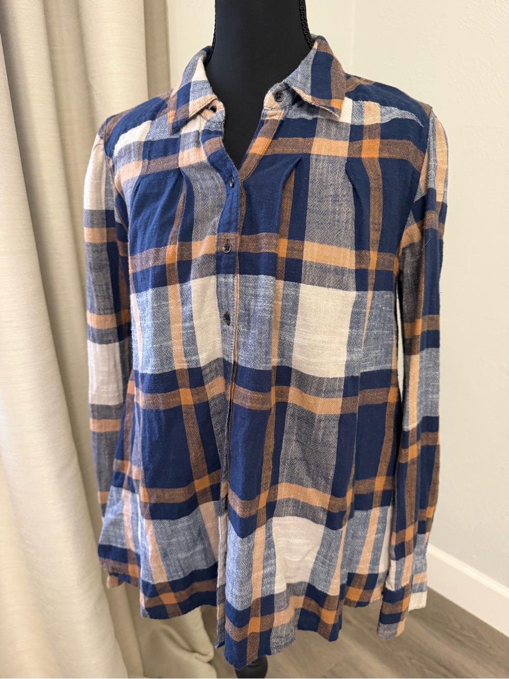 Free People Navy & Tan Oversized Plaid Button-Down Shirt